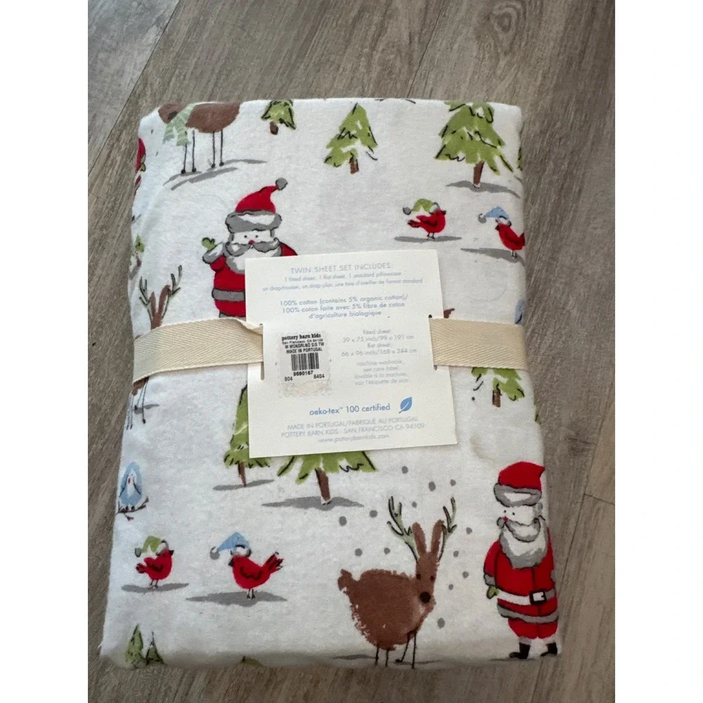 Pottery Barn Kids Winter Wonderland Twin Flannel Sheet Set Santa Reindeer New